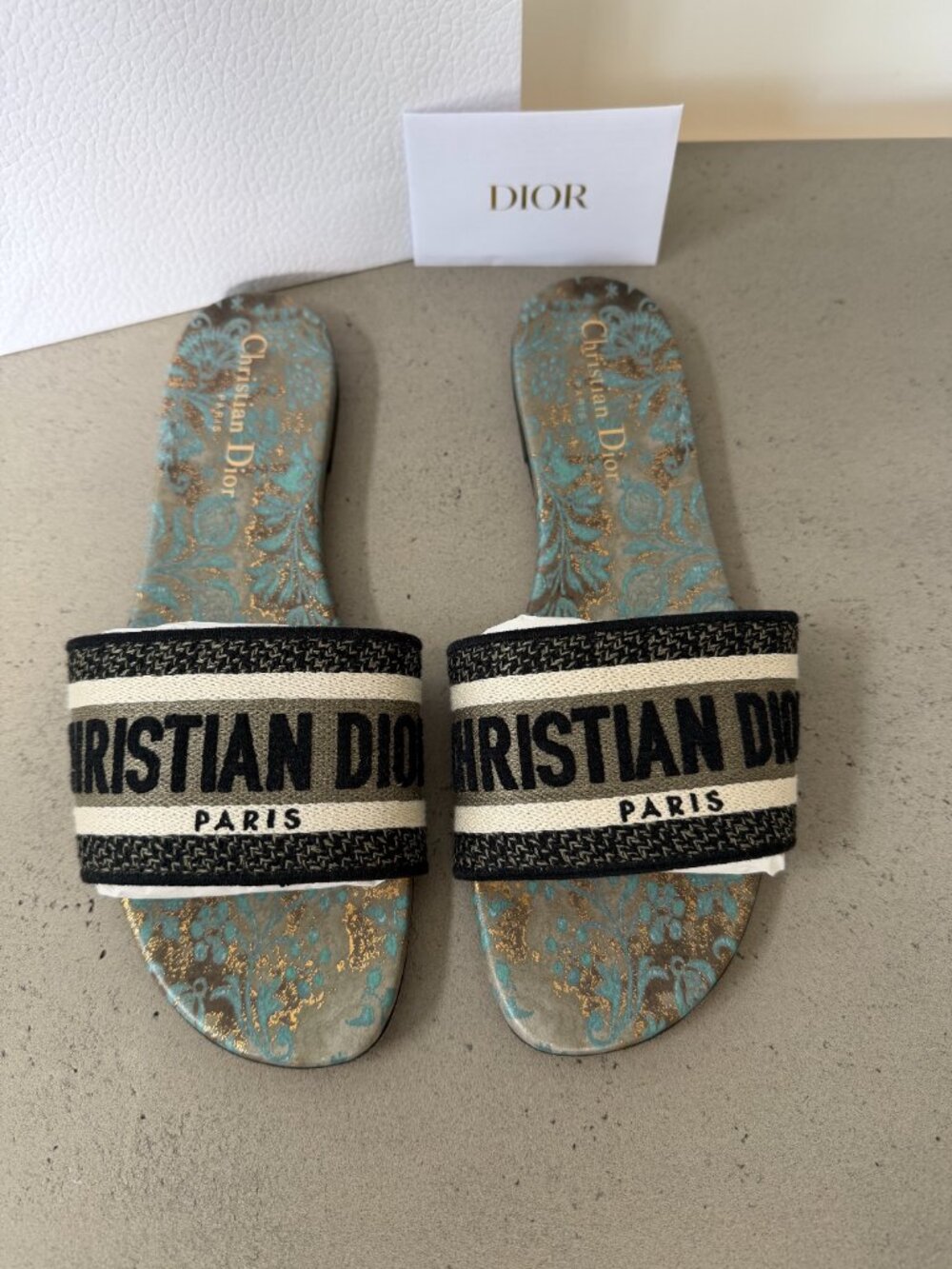Christian Dior Dway Slides — Green Teal Gold Brocade Embroidered, EU 38 US 8